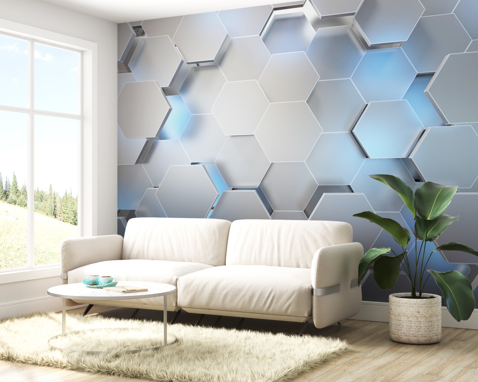 Fotobehang grijze zeshoeken met blauw accent