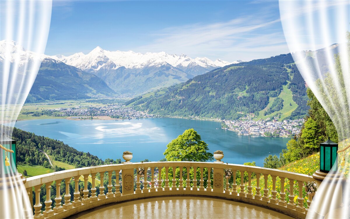 Fotobehang comfortabel balkon met prachtig panorama