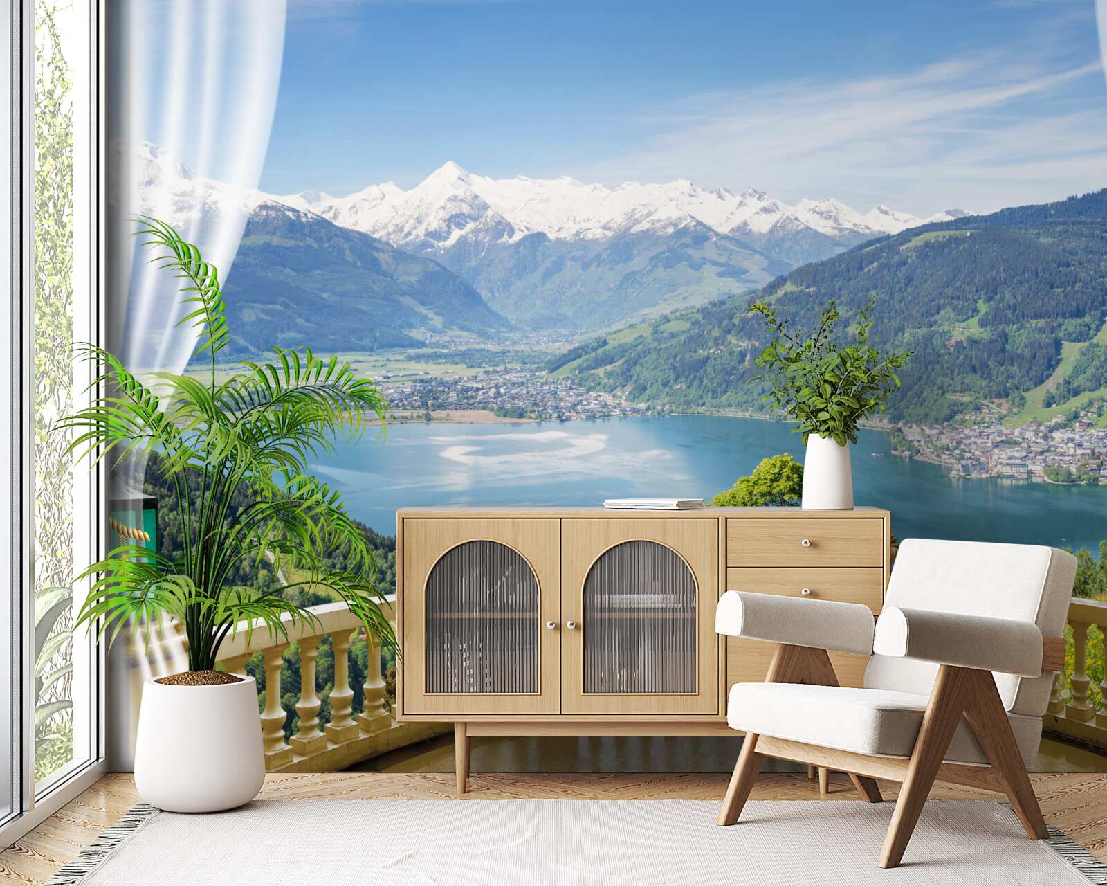 Fotobehang comfortabel balkon met prachtig panorama