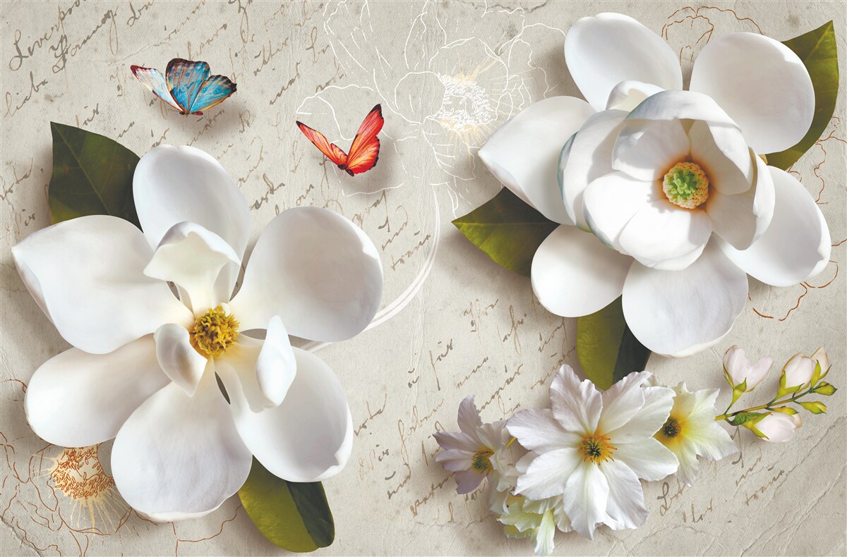 Fotobehang witte lotussen met vlinders waarvan de tederheid de ziel beroert
