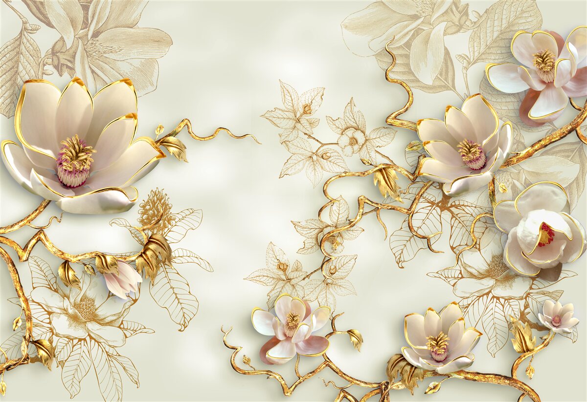Fotobehang takken bezaaid met gouden en sneeuwwitte bloemen