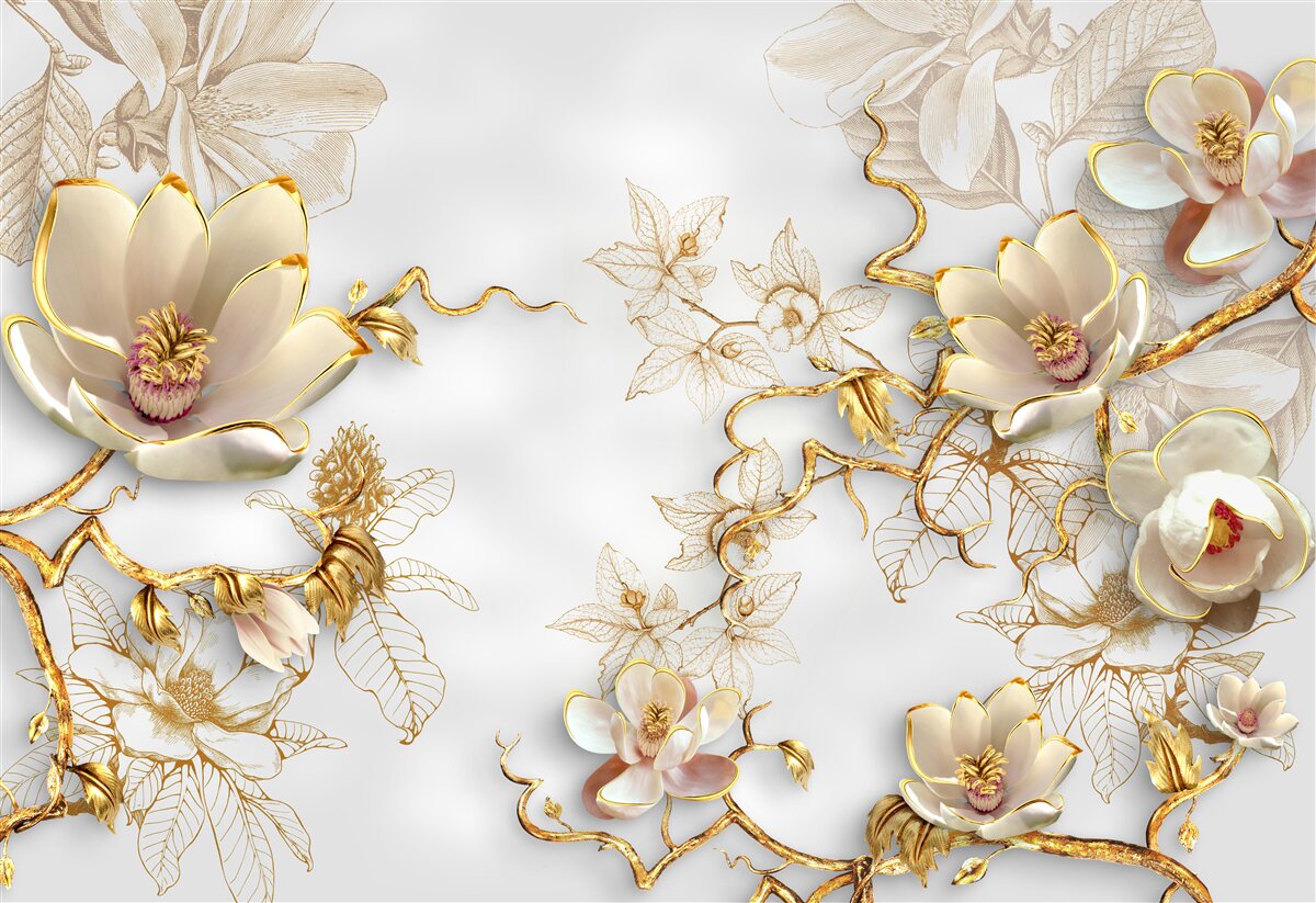 Fotobehang magnolia bloeiend in gouden tinten