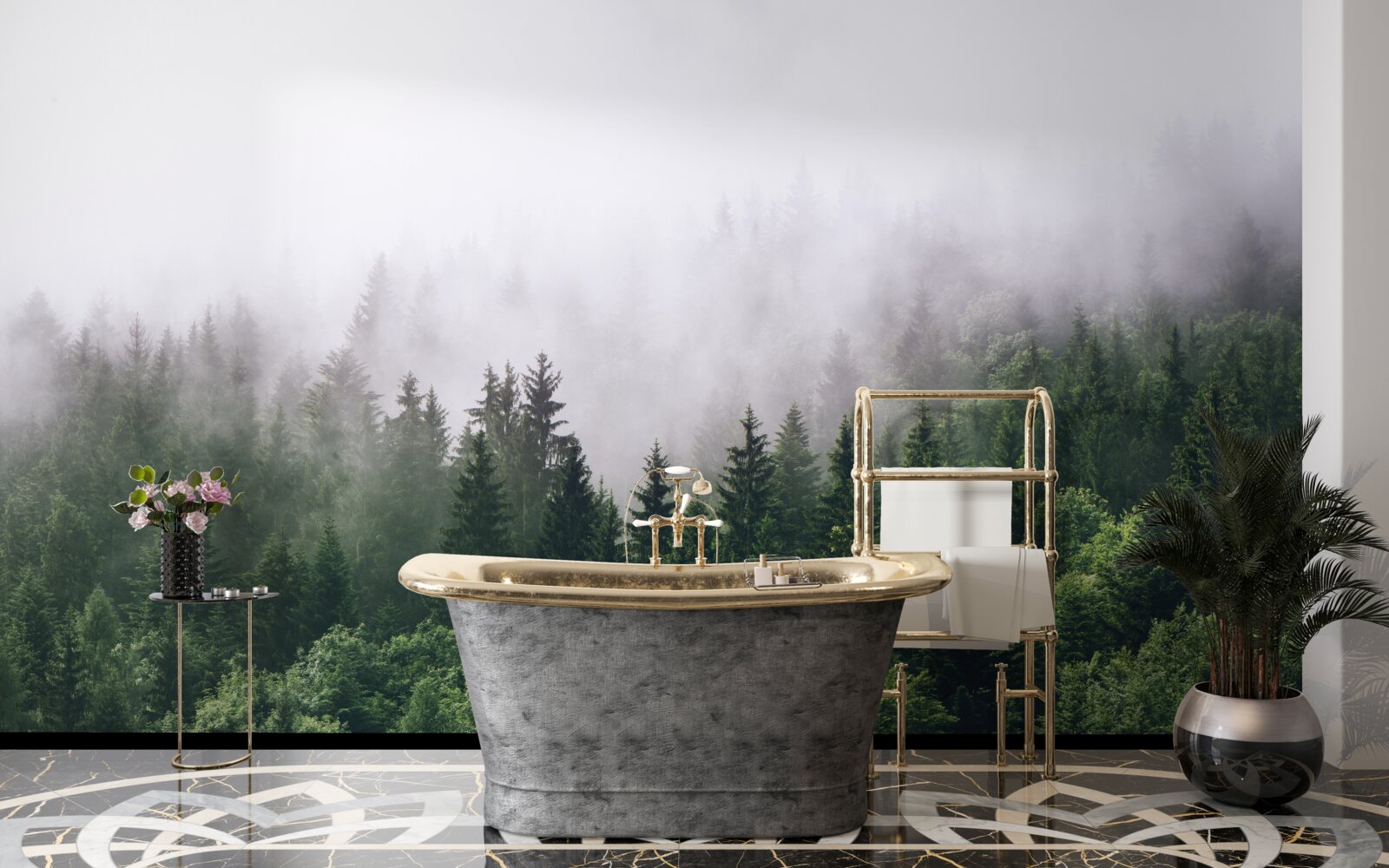 Fotobehang het bergbos is in mist gehuld