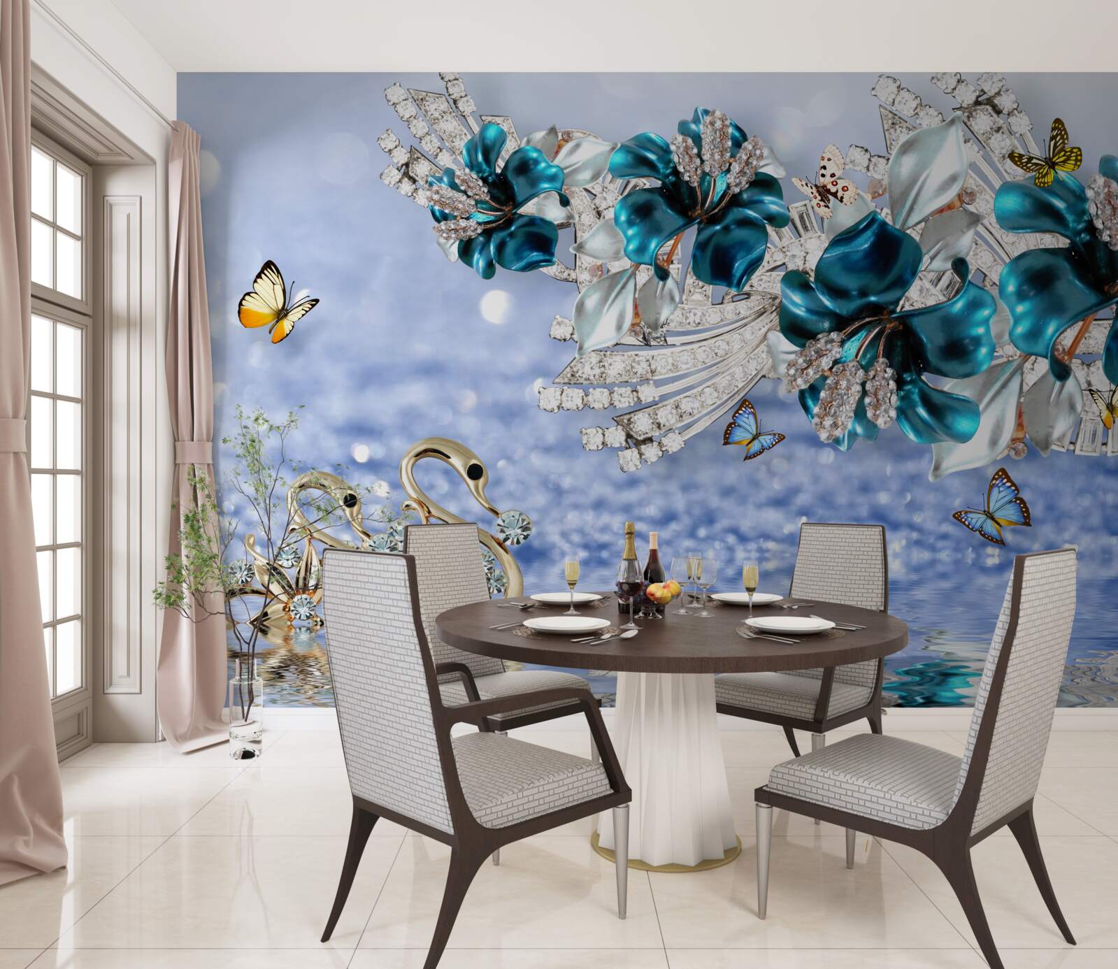 Fotobehang magnolia's met kristalblauwe bloemen en vlinders
