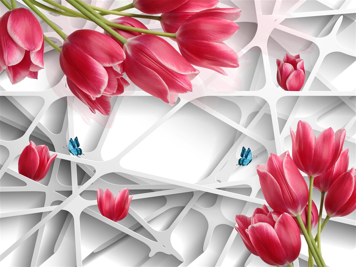 Fotobehang vlinders en scharlakenrode tulpenknoppen