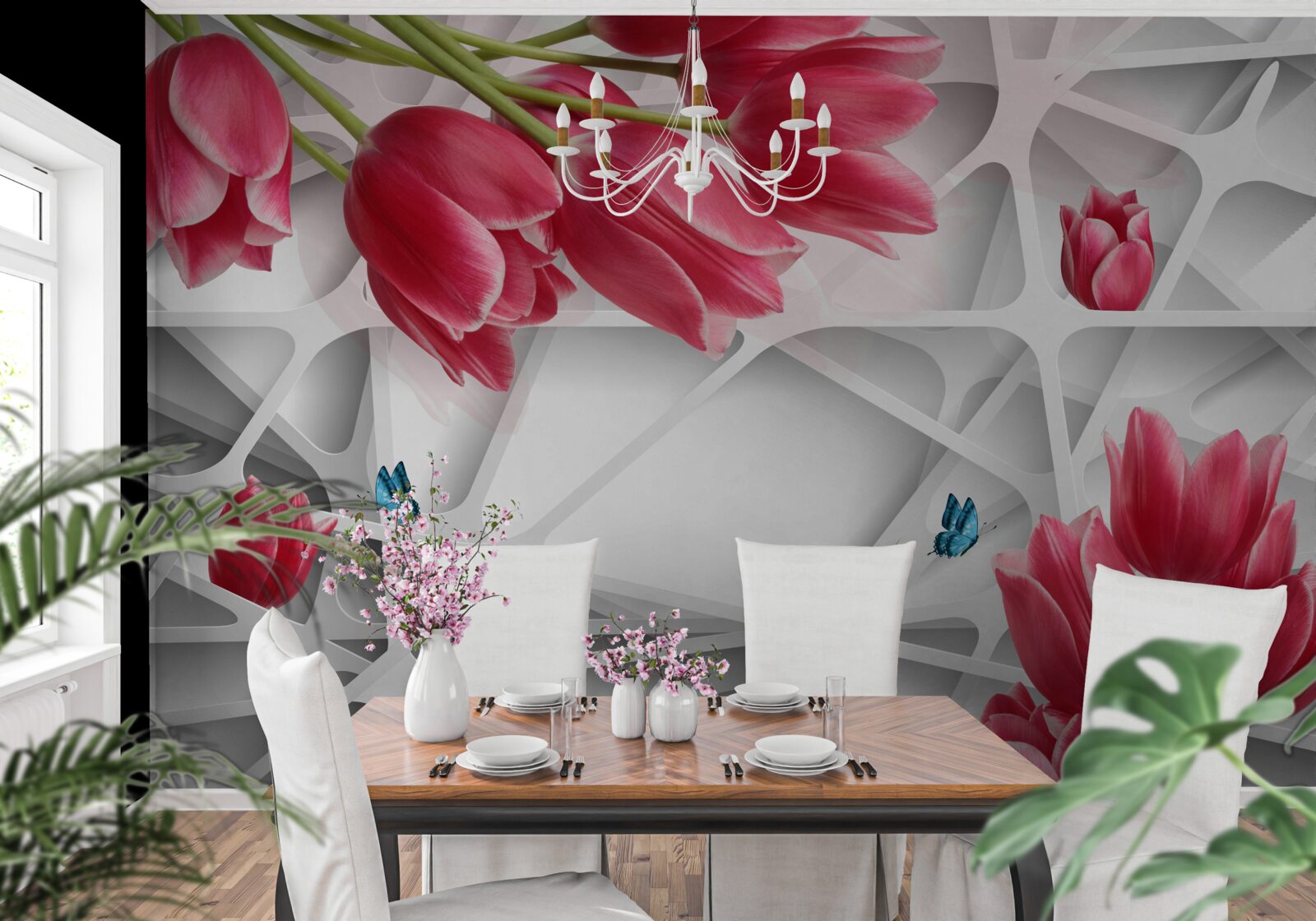 Fotobehang vlinders en scharlakenrode tulpenknoppen