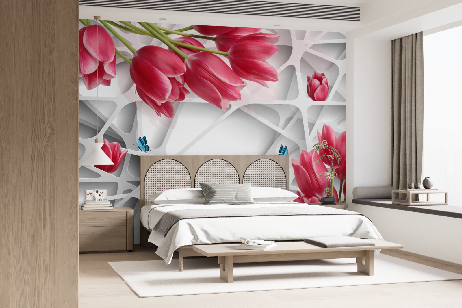 Fotobehang vlinders en scharlakenrode tulpenknoppen