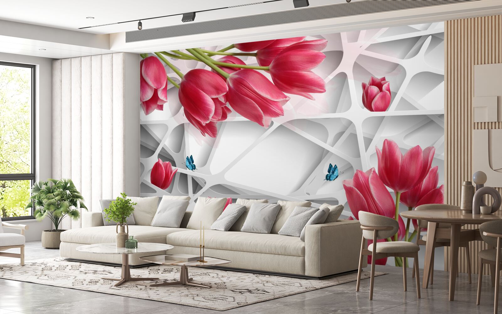 Fotobehang vlinders en scharlakenrode tulpenknoppen