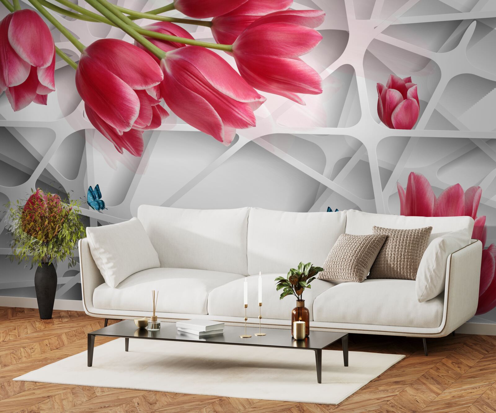 Fotobehang vlinders en scharlakenrode tulpenknoppen