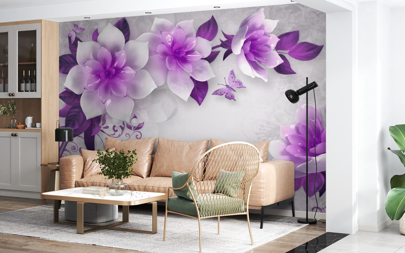 Fotobehang witte achtergrond versierd met paarse bloemen