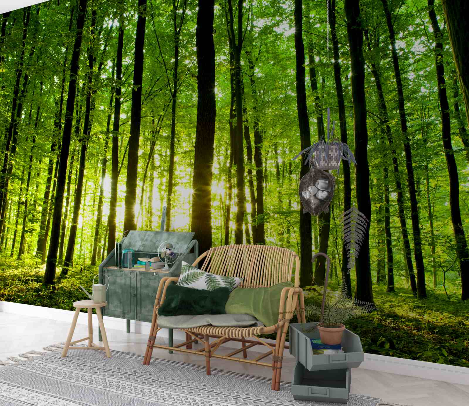 Fotobehang de zonnestralen dringen door het dichte bosje