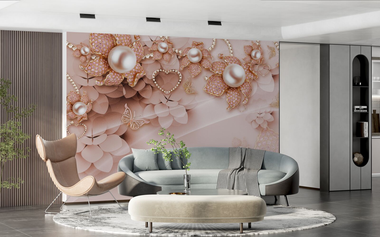 Fotobehang bloemvormige parels in gouden zettingen