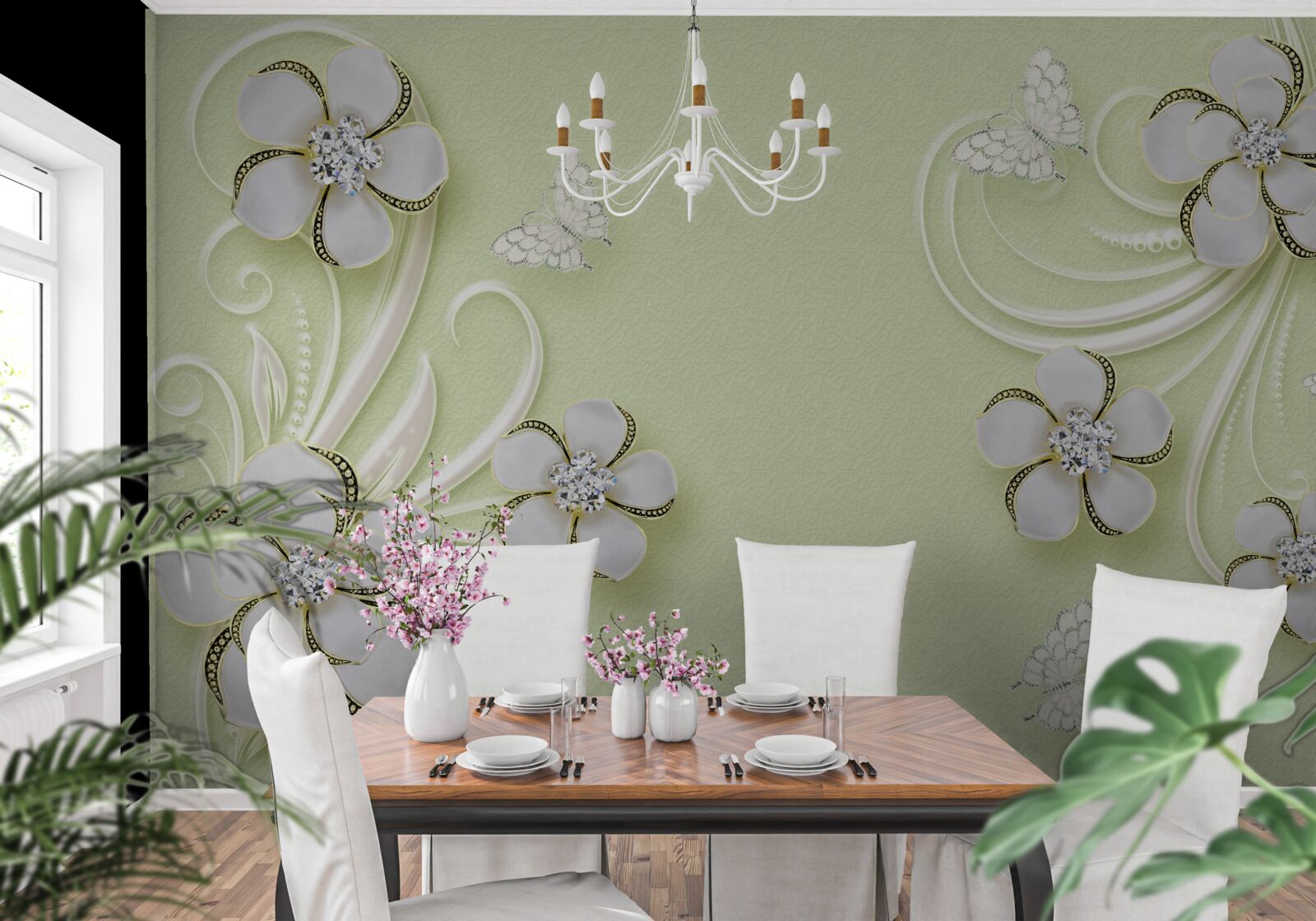 Fotobehang gouden vlinders vestigden zich op sneeuwwitte bloemen