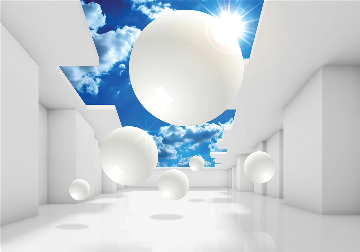 Fotobehang grote witte ballen tegen een achtergrond van lucht en zon