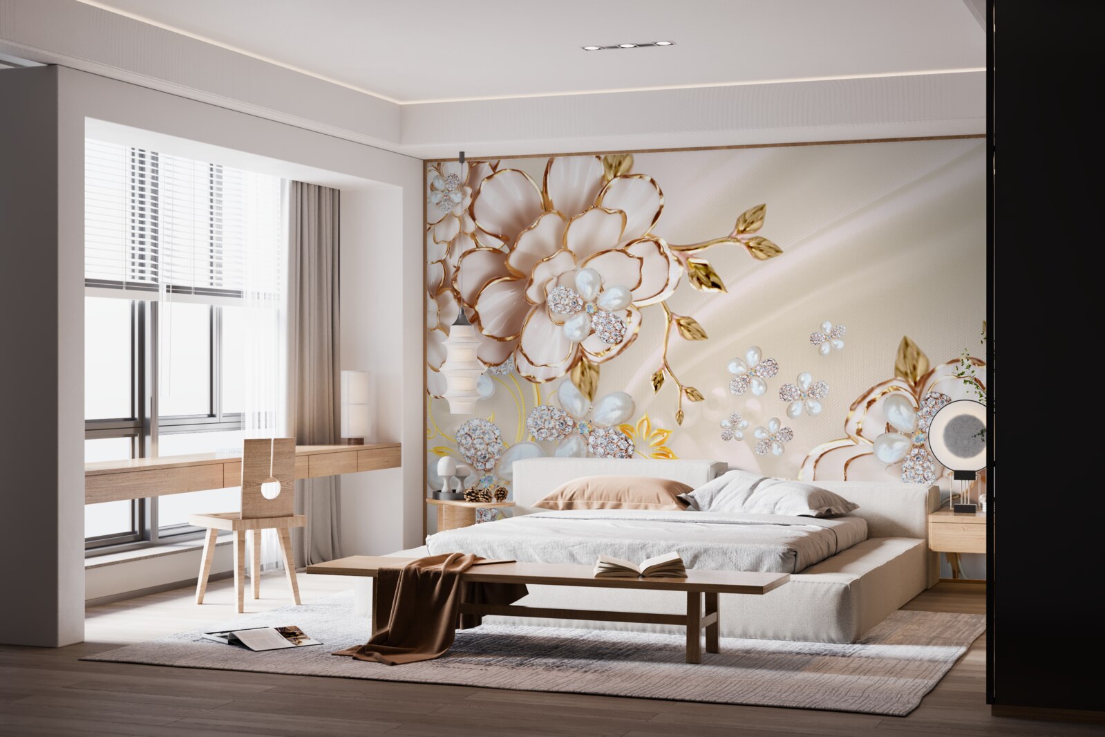 Fotobehang bloemen met gouddiamantbrokaat