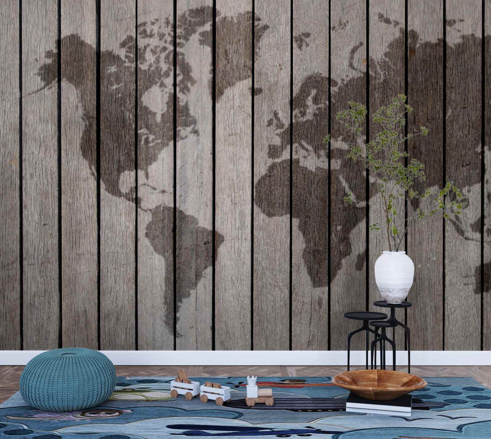 Fotobehang wereldkaart op houten planken