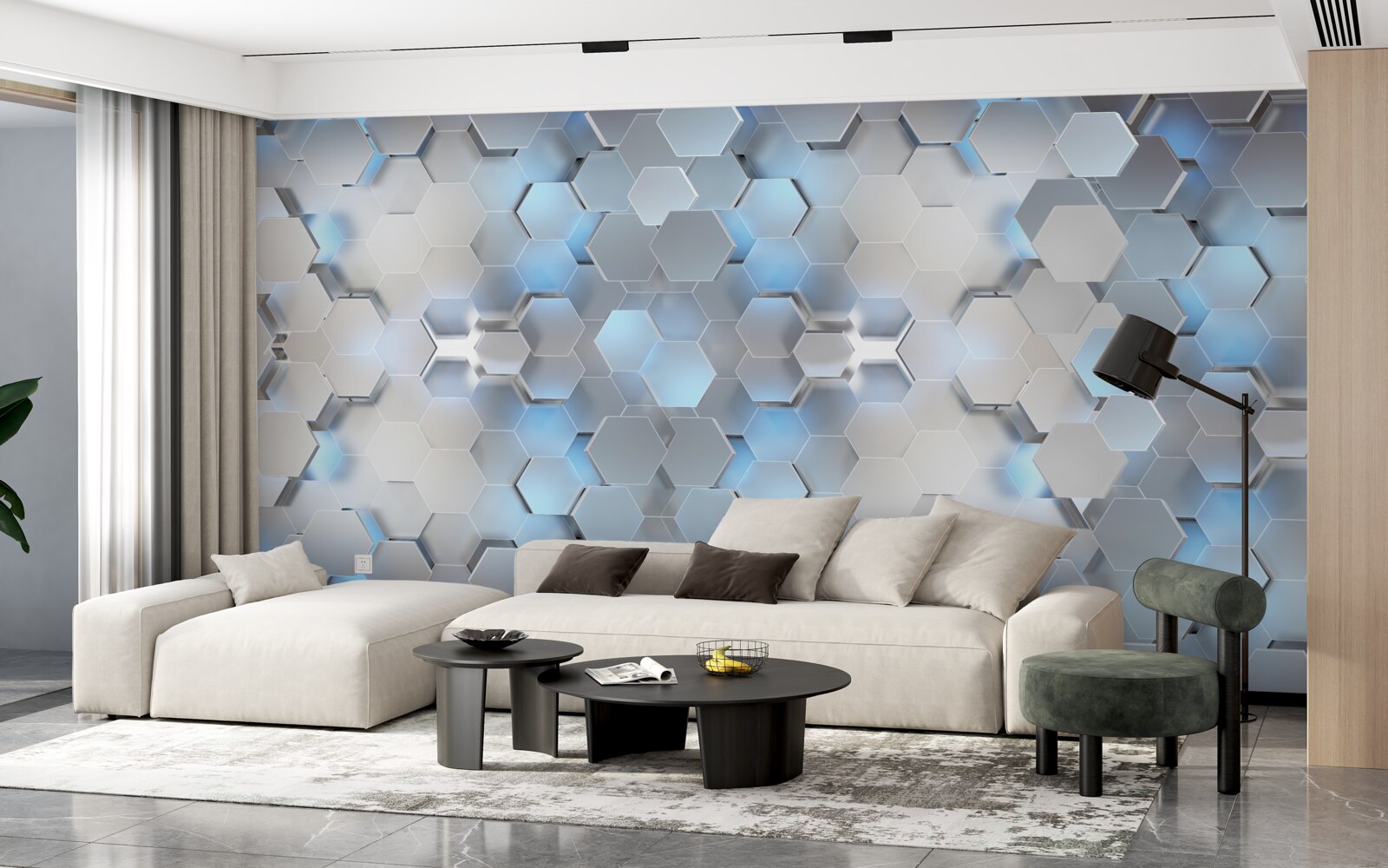 Fotobehang drijvende blauwe parels op een grijze achtergrond