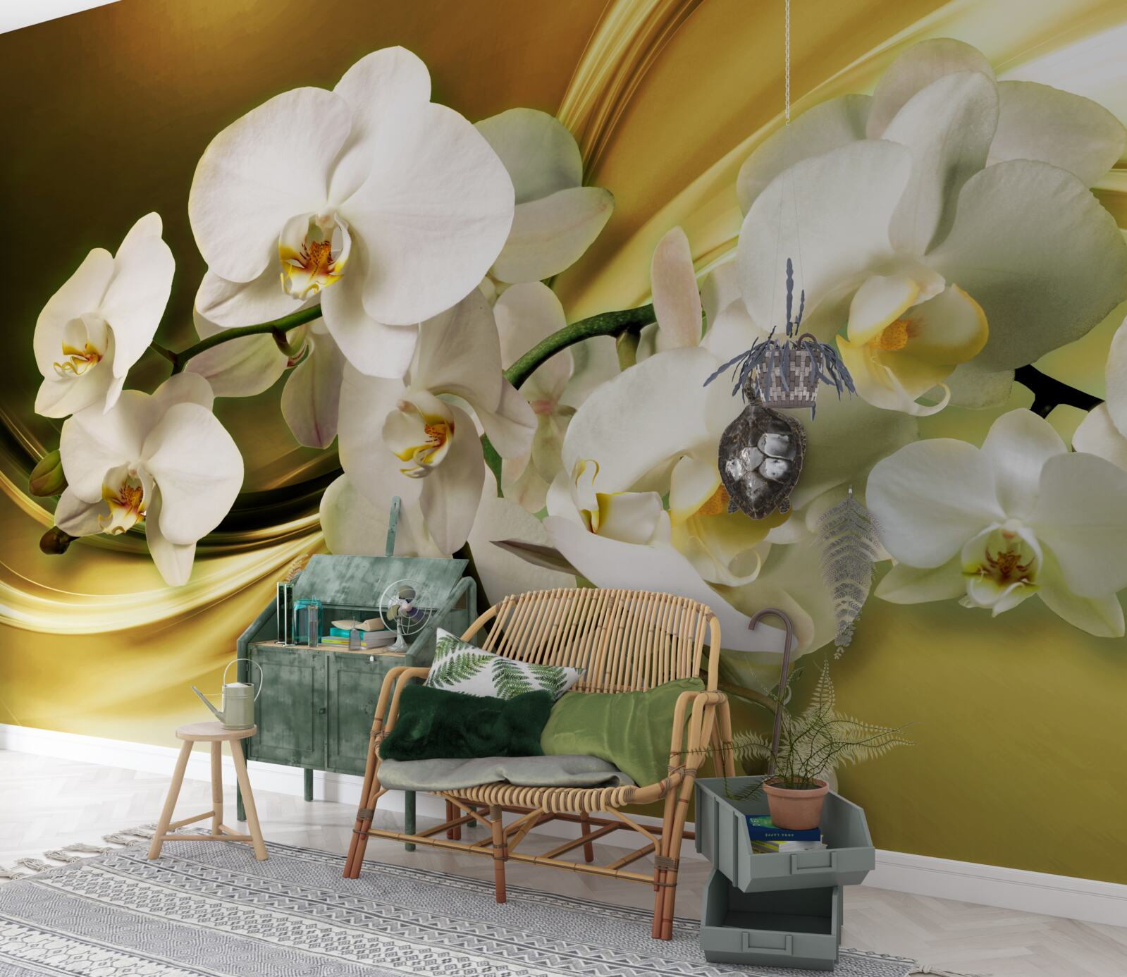 Fotobehang Sneeuwwitte orchideeën, luxueus open op bruine zijden stof
