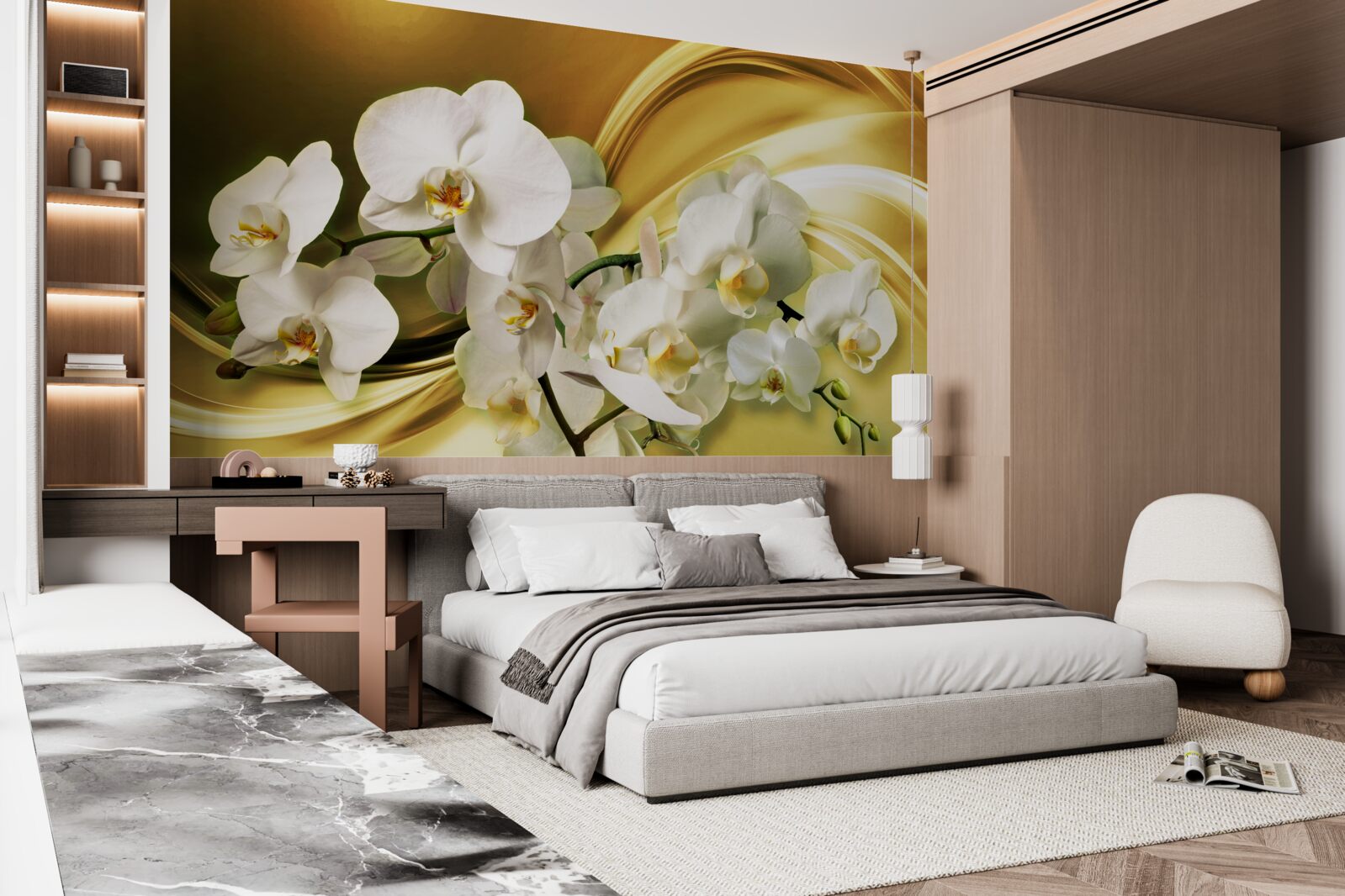 Fotobehang Sneeuwwitte orchideeën, luxueus open op bruine zijden stof