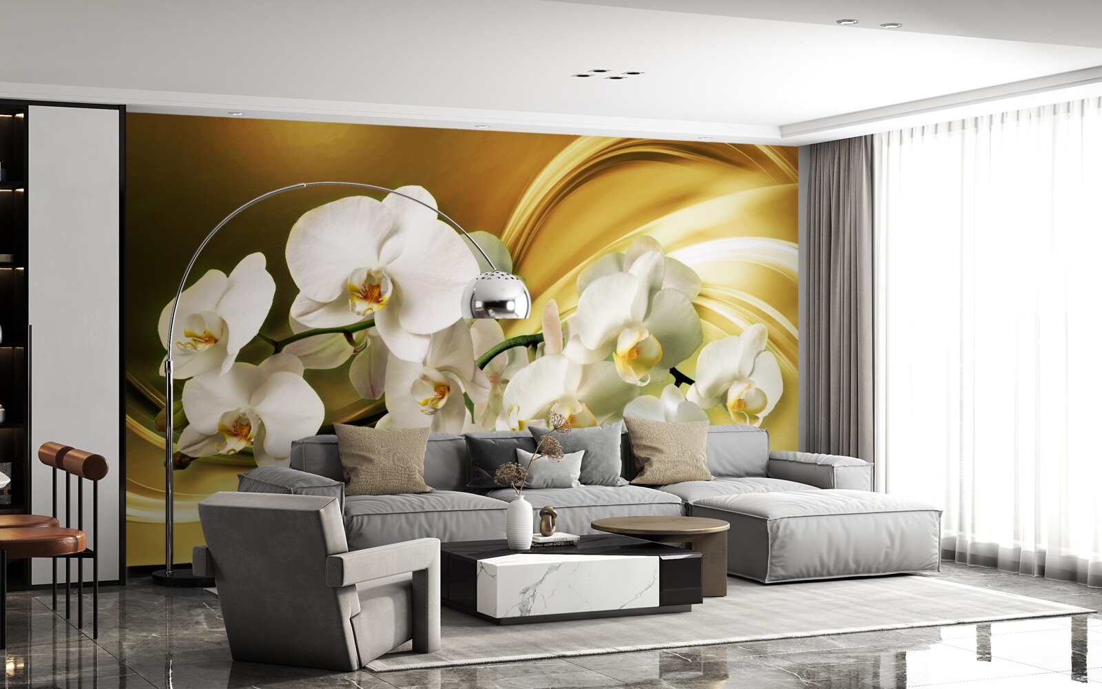 Fotobehang Sneeuwwitte orchideeën, luxueus open op bruine zijden stof