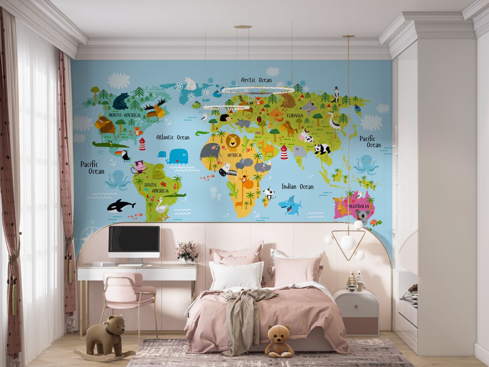 Fotobehang Wereldkaart voor kinderen met afbeeldingen van dieren