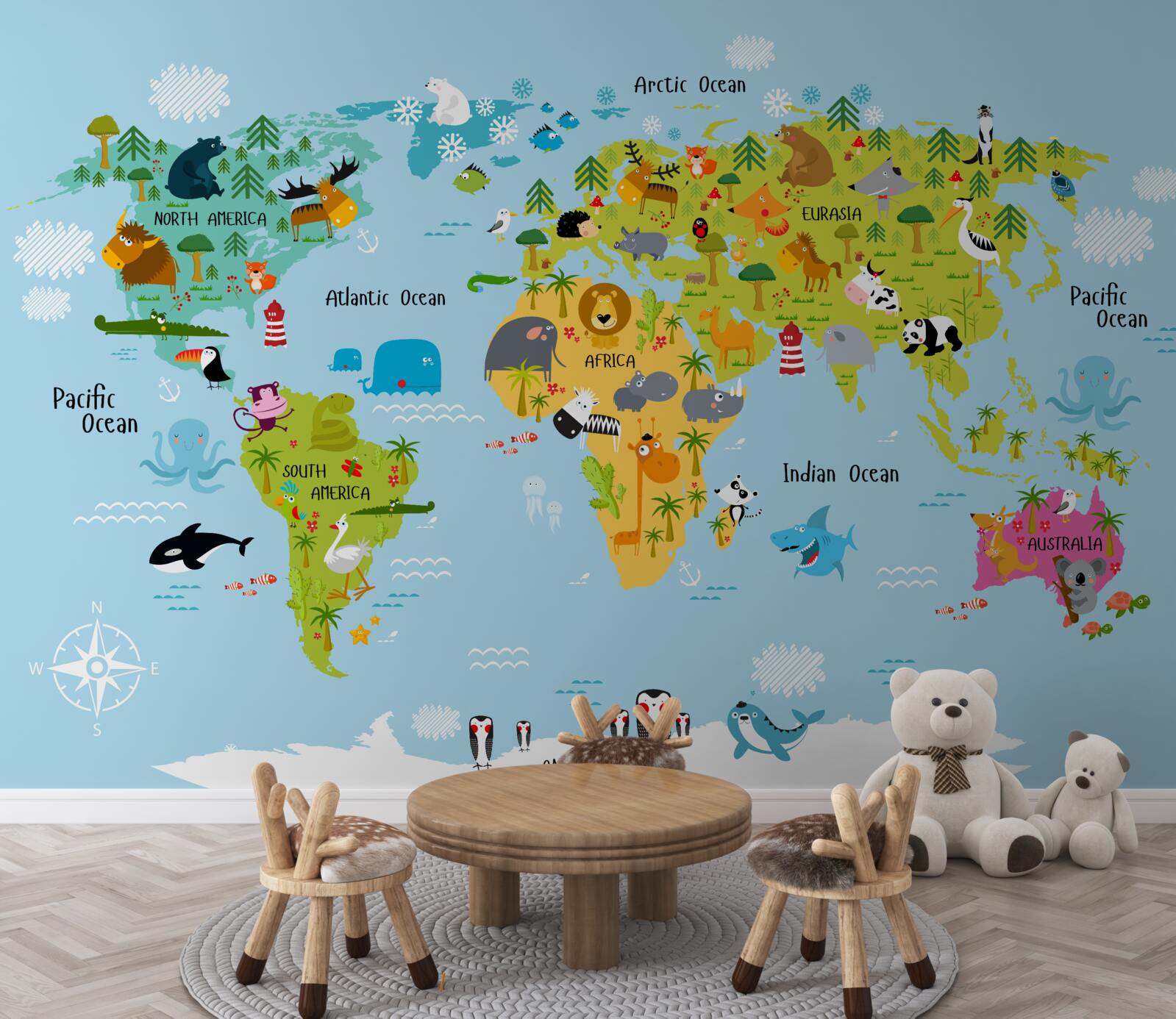Fotobehang Wereldkaart voor kinderen met afbeeldingen van dieren