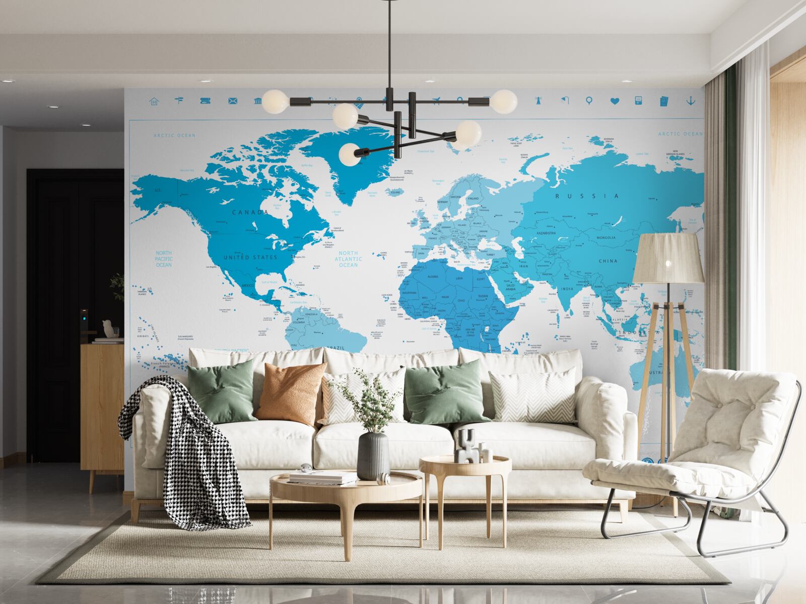 Fotobehang blauwe schaduw op de wereldkaart