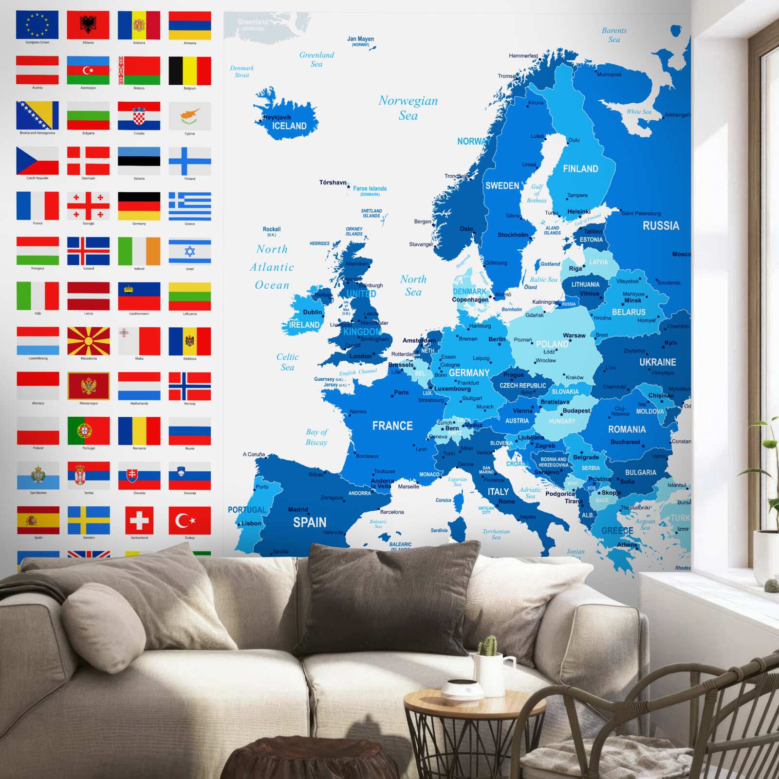 Fotobehang kaart van europa met vlaggen van landen