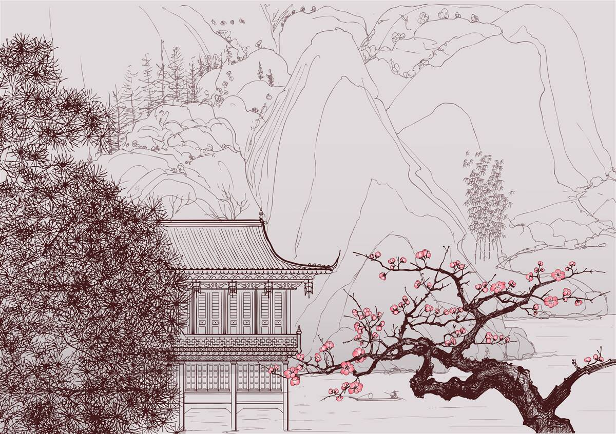 Fotobehang Tuin in Japanse stijl bij een landhuis in de bergen