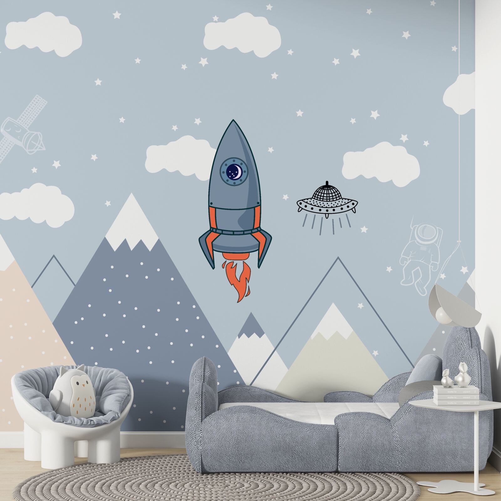 Fotobehang raket en ufo zweven over bergen