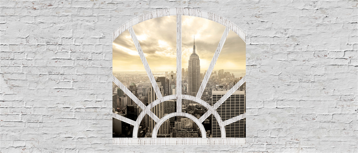 Fotobehang een panoramisch raam in een bakstenen muur met uitzicht op new york city