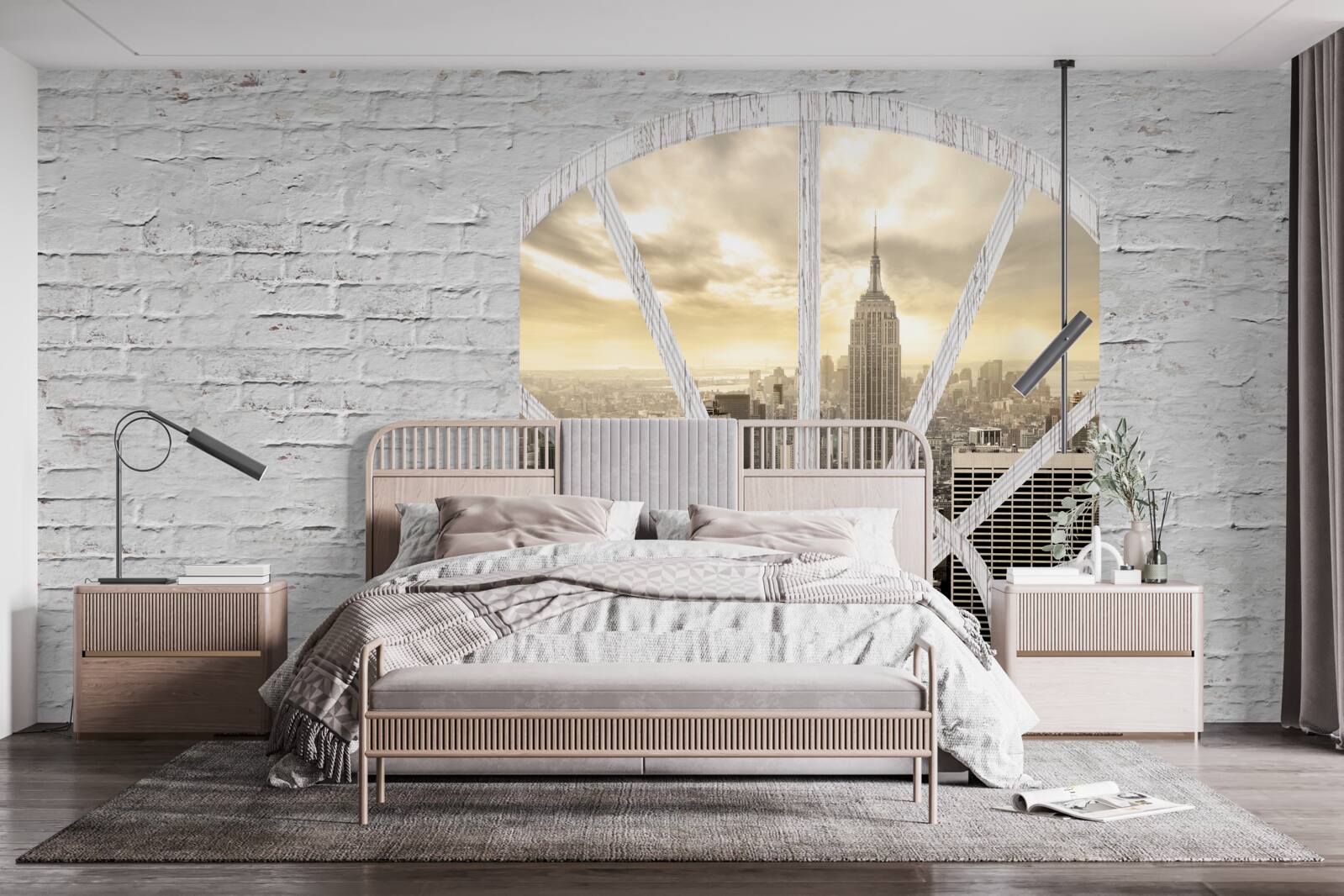 Fotobehang een panoramisch raam in een bakstenen muur met uitzicht op new york city