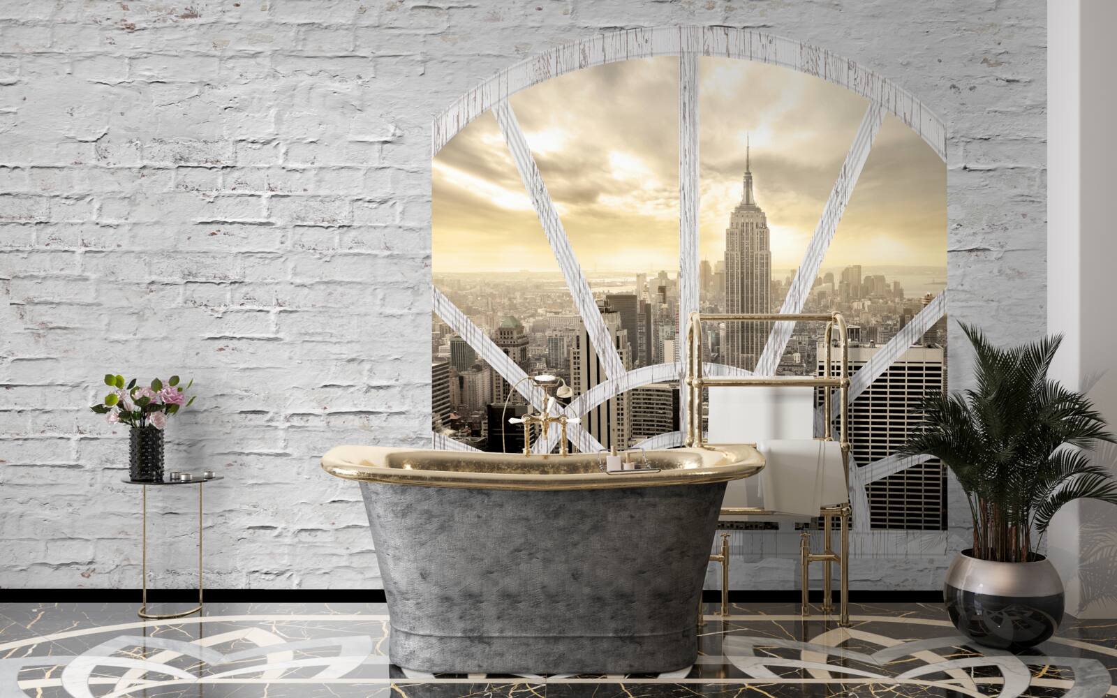 Fotobehang een panoramisch raam in een bakstenen muur met uitzicht op new york city