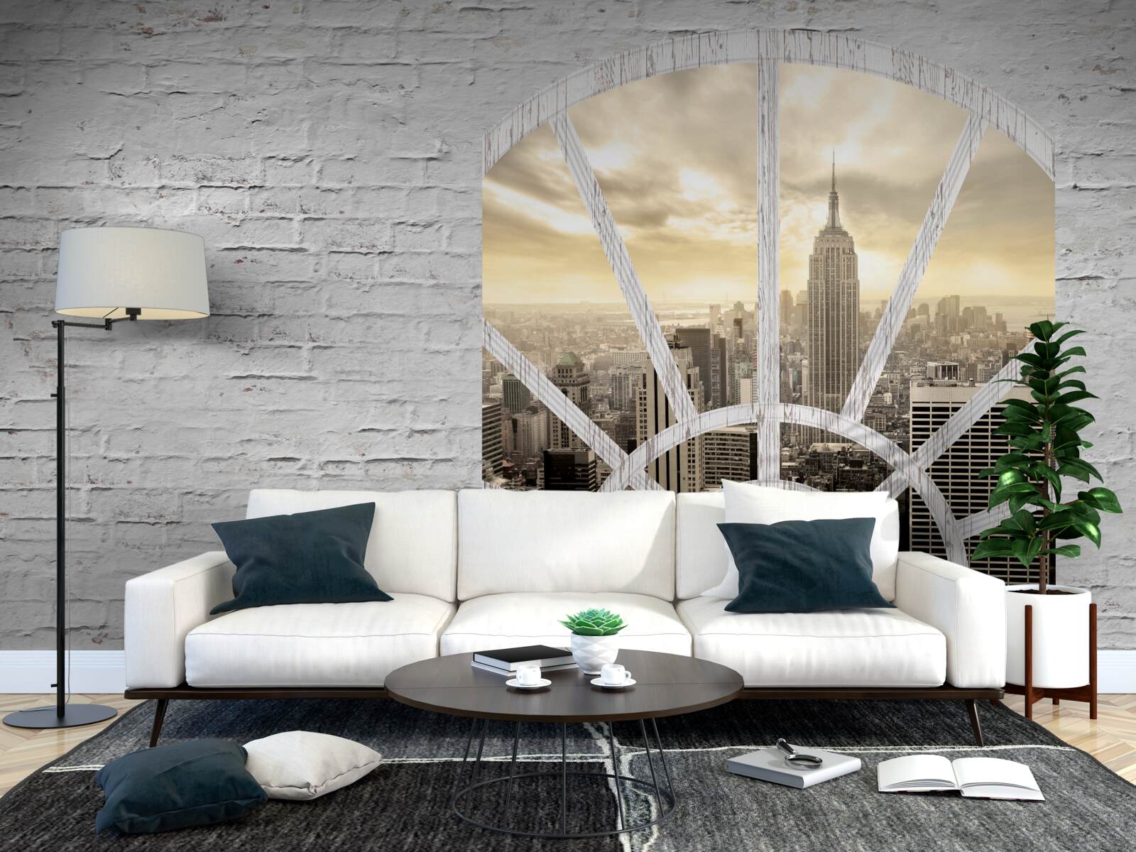 Fotobehang een panoramisch raam in een bakstenen muur met uitzicht op new york city