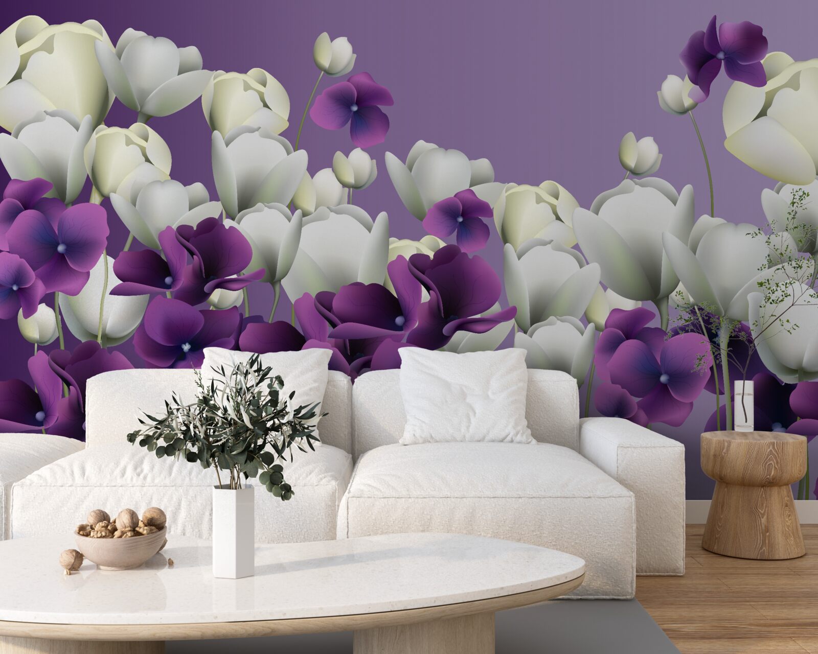 Fotobehang witte en paarse bloemen