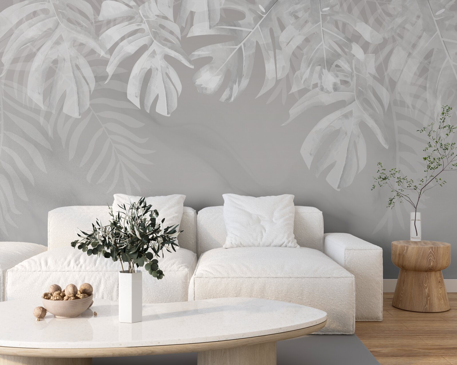 Fotobehang monstera met sneeuwwitte hangende bladeren