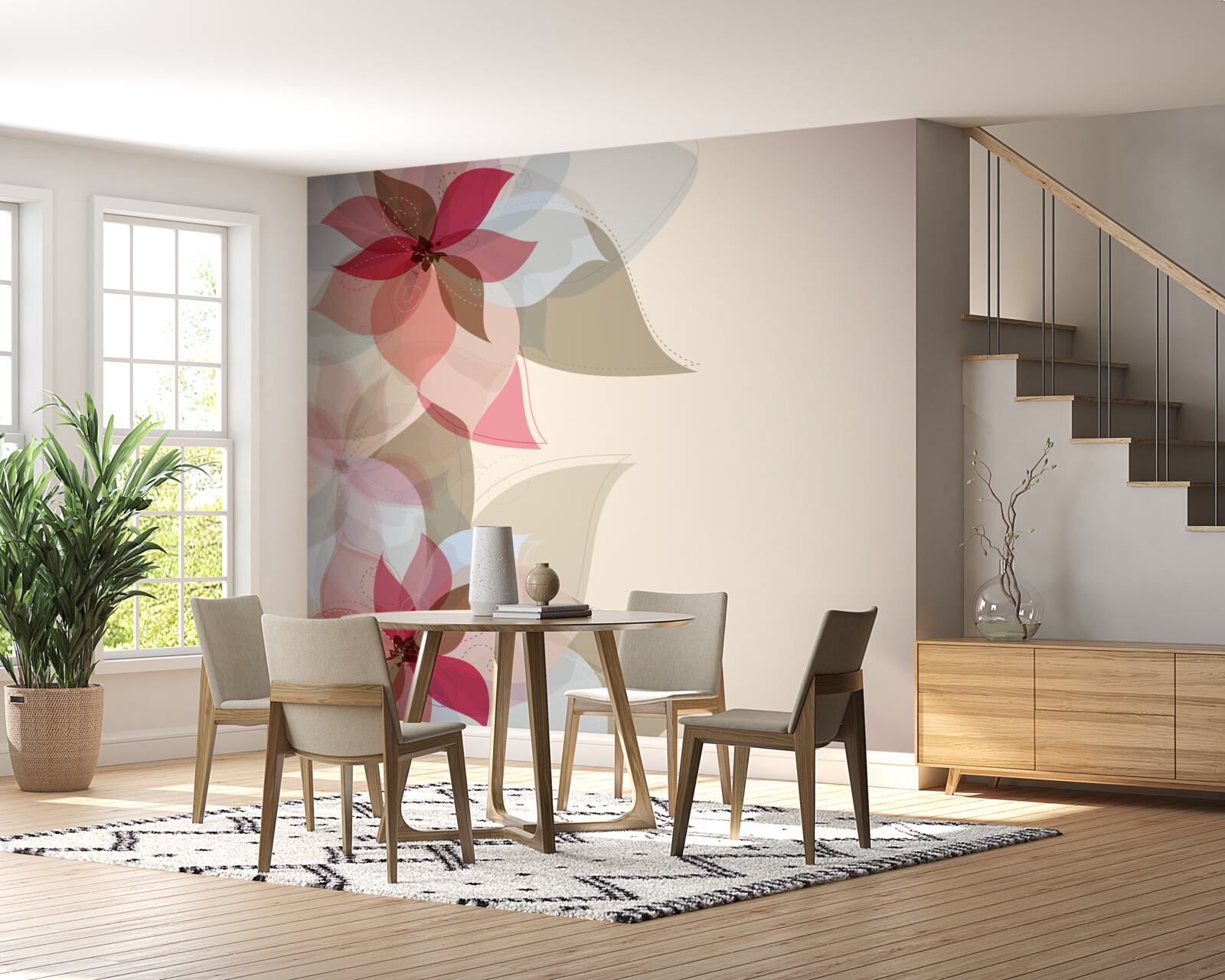 Fotobehang abstract schilderij van rode bloemen en bladeren