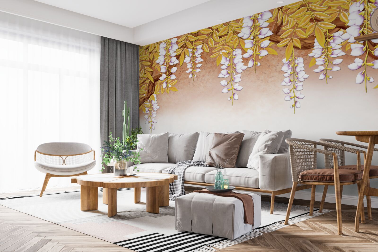 Fotobehang reflectie van gele bladeren en witte bloemen