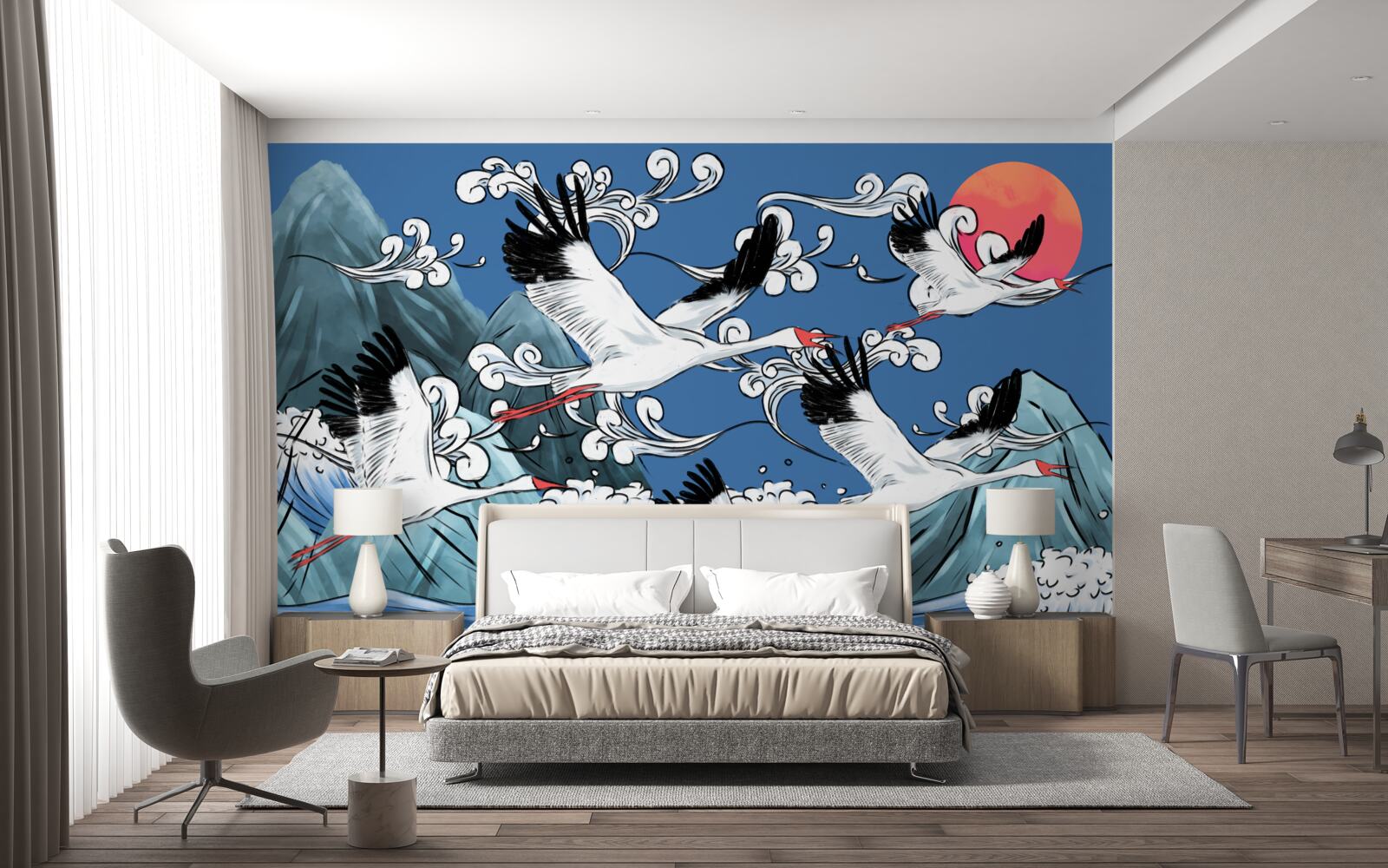Fotobehang ooievaars hoofd naar de zee zonsondergang