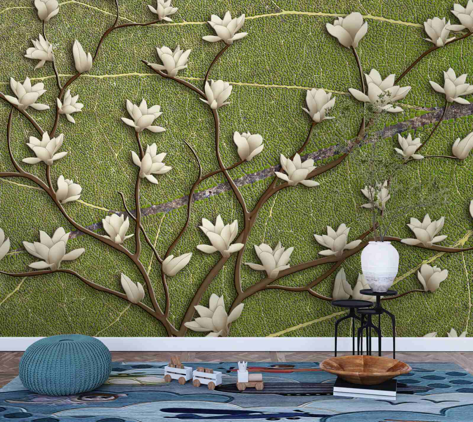 Fotobehang Sneeuwwitte magnolia takken op een groene achtergrond