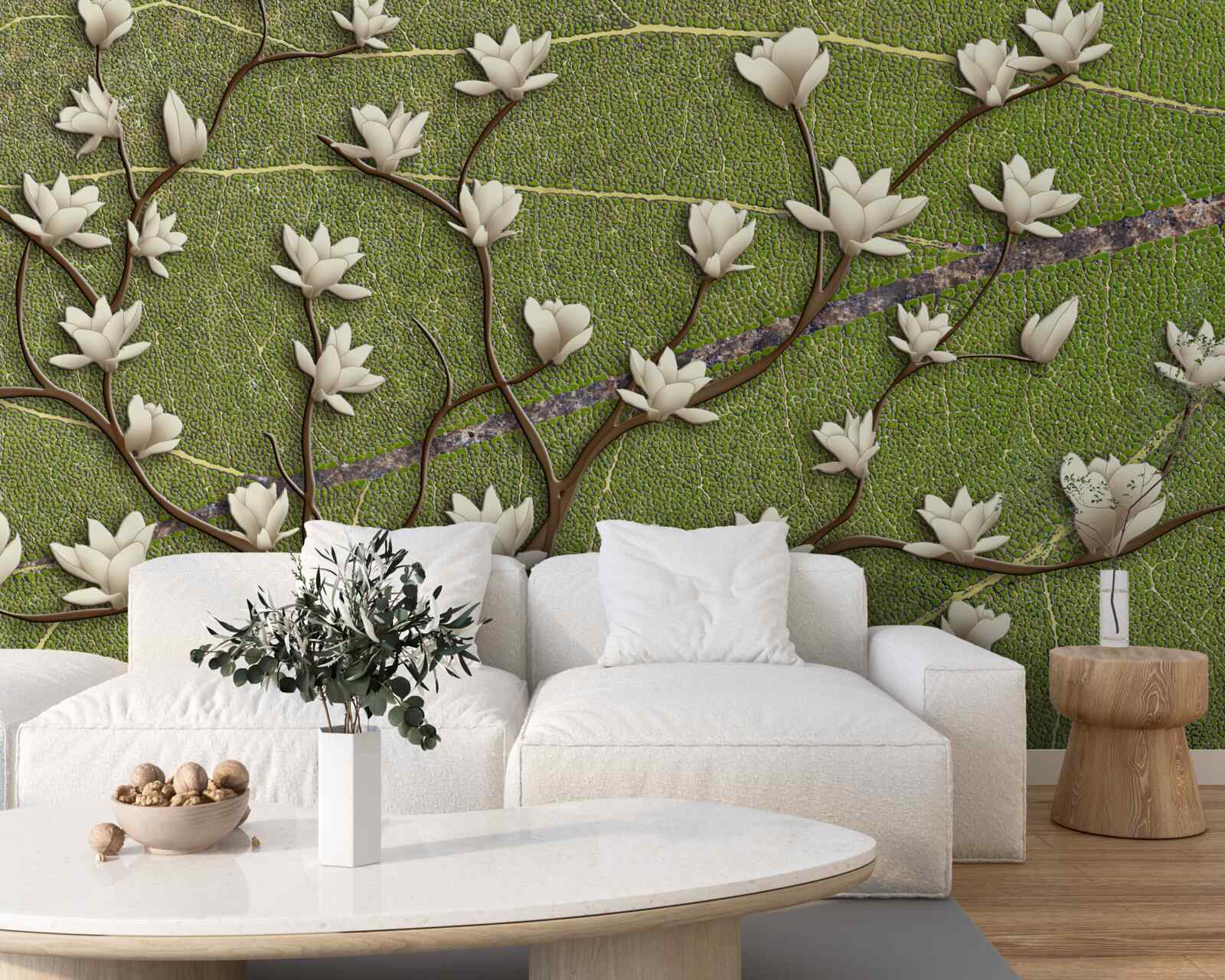 Fotobehang Sneeuwwitte magnolia takken op een groene achtergrond
