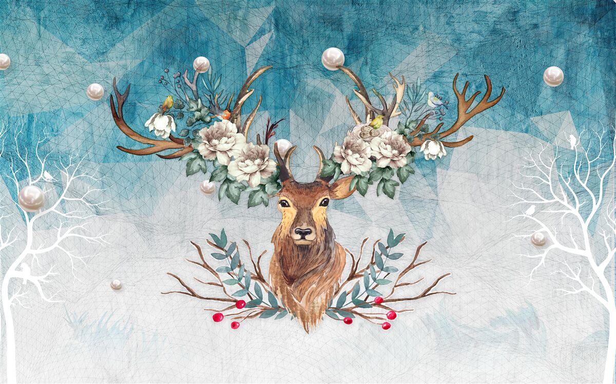 Fotobehang winterhinde met bloemen die haar gewei versieren