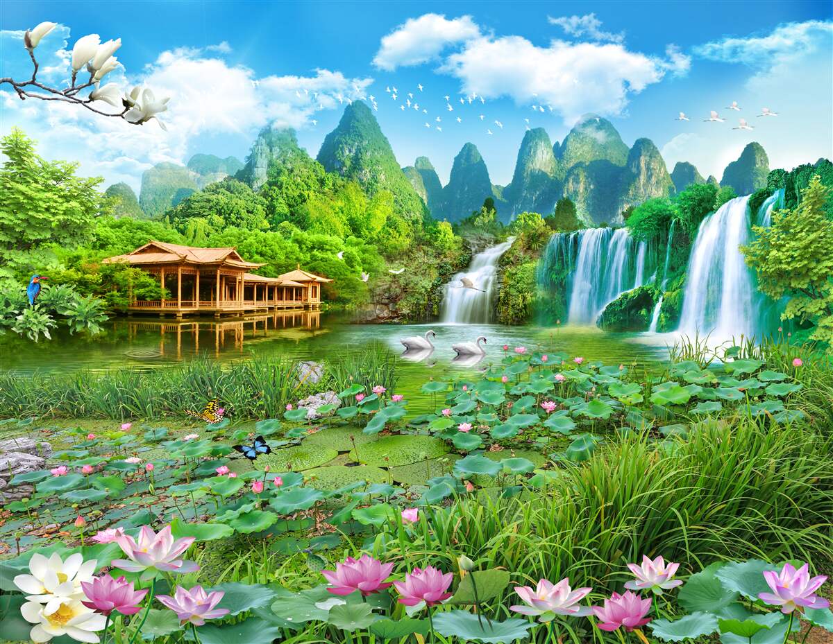Fotobehang wonen bij een waterval die in een natuurlijk waterlichaam valt