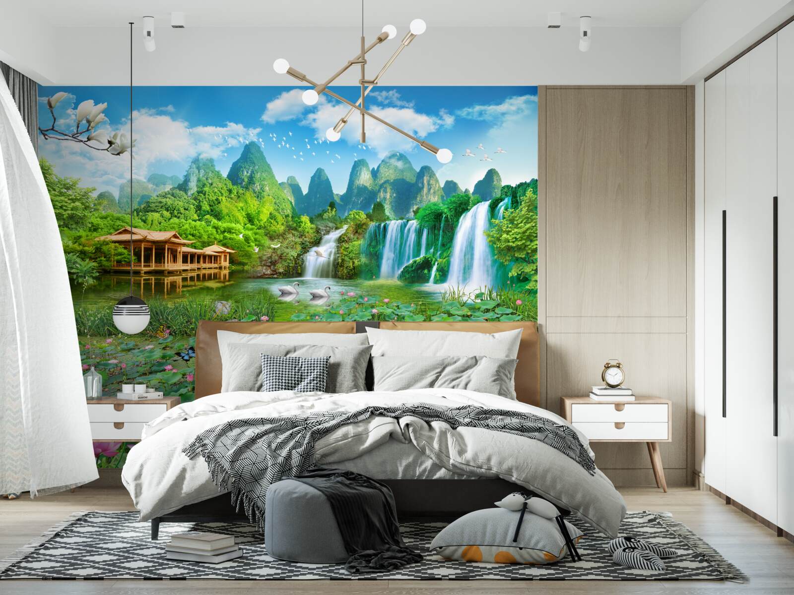 Fotobehang wonen bij een waterval die in een natuurlijk waterlichaam valt