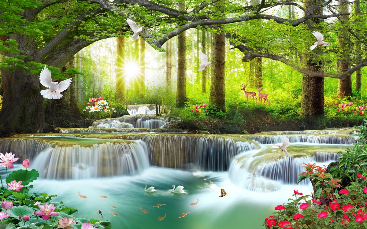 Fotobehang Leven en natuur bij een wilde waterval in het bos
