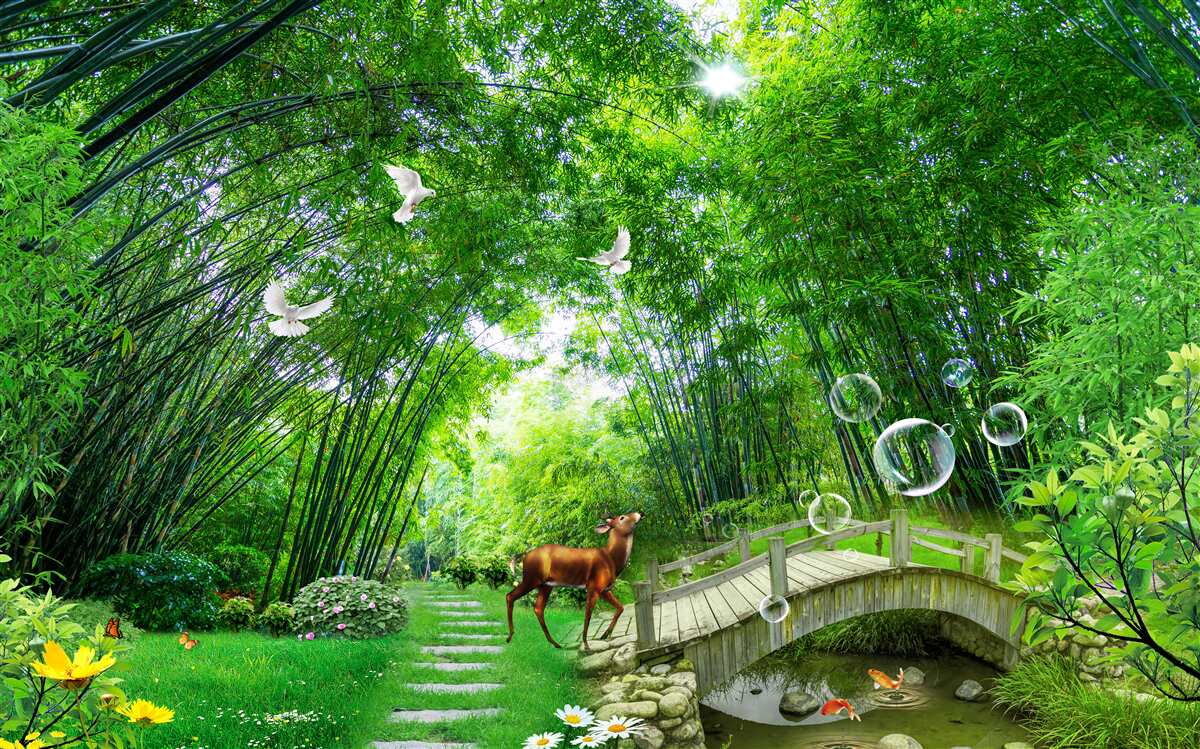 Fotobehang in een groen struikgewas loopt een hert door een houten doorgang