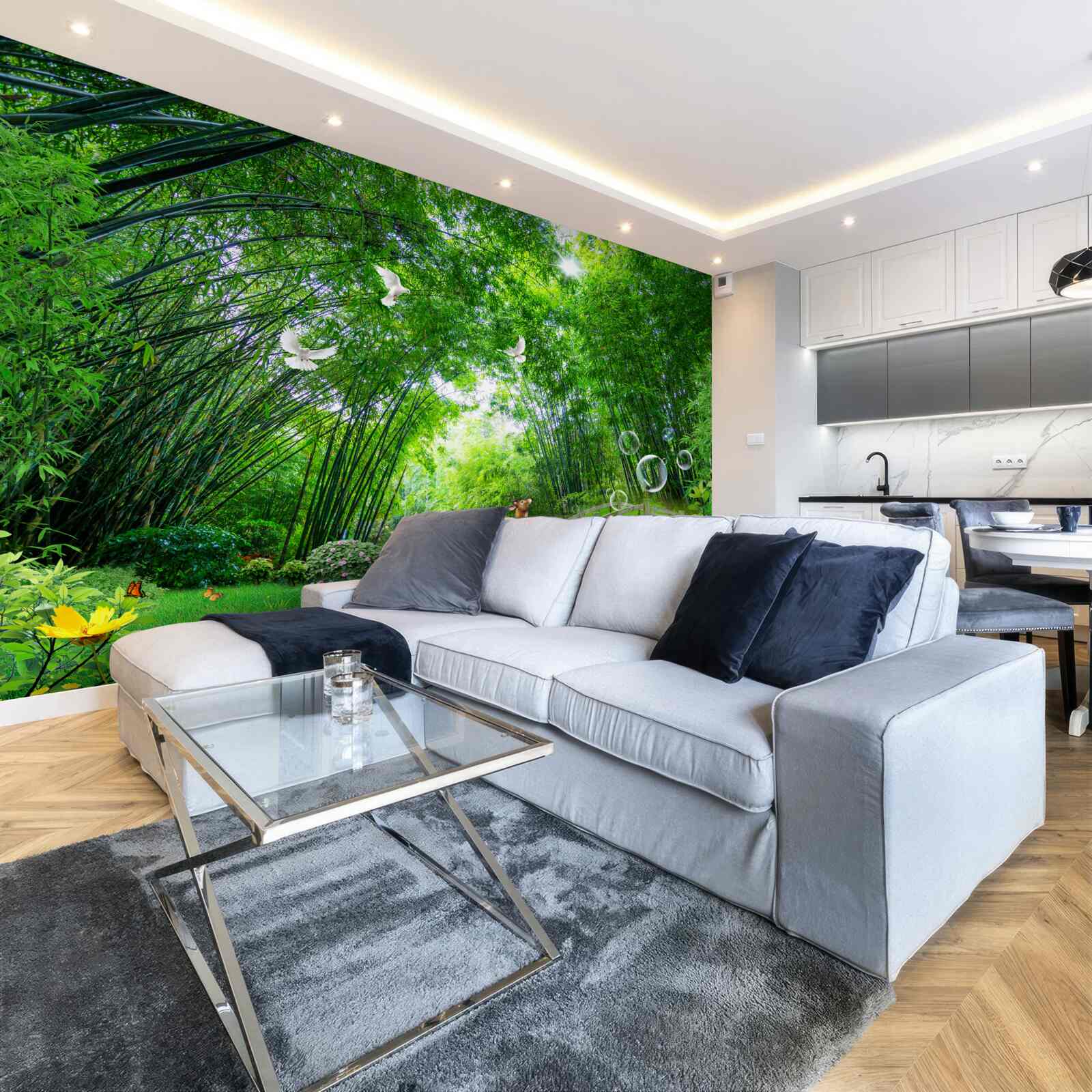 Fotobehang in een groen struikgewas loopt een hert door een houten doorgang