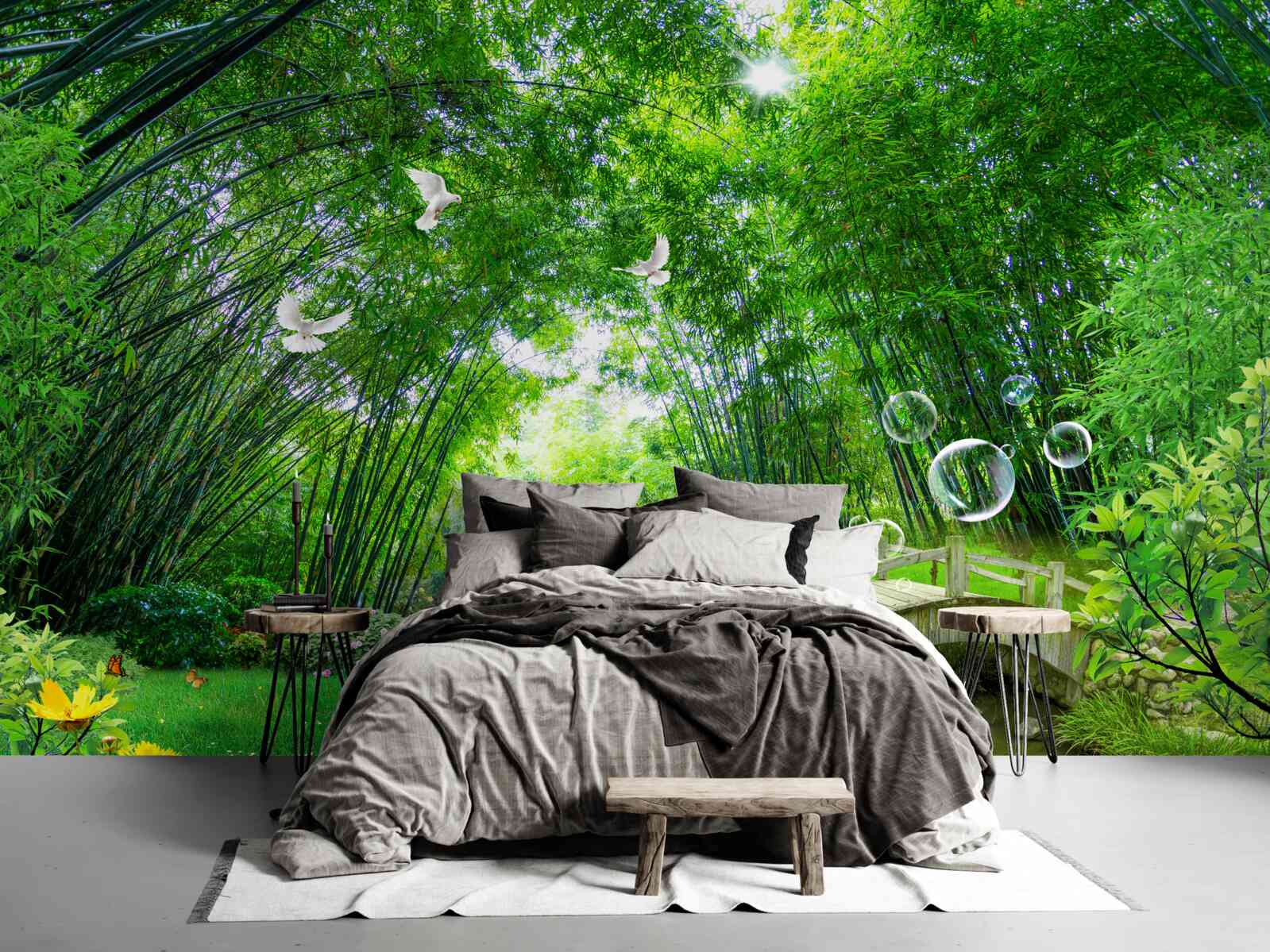 Fotobehang in een groen struikgewas loopt een hert door een houten doorgang