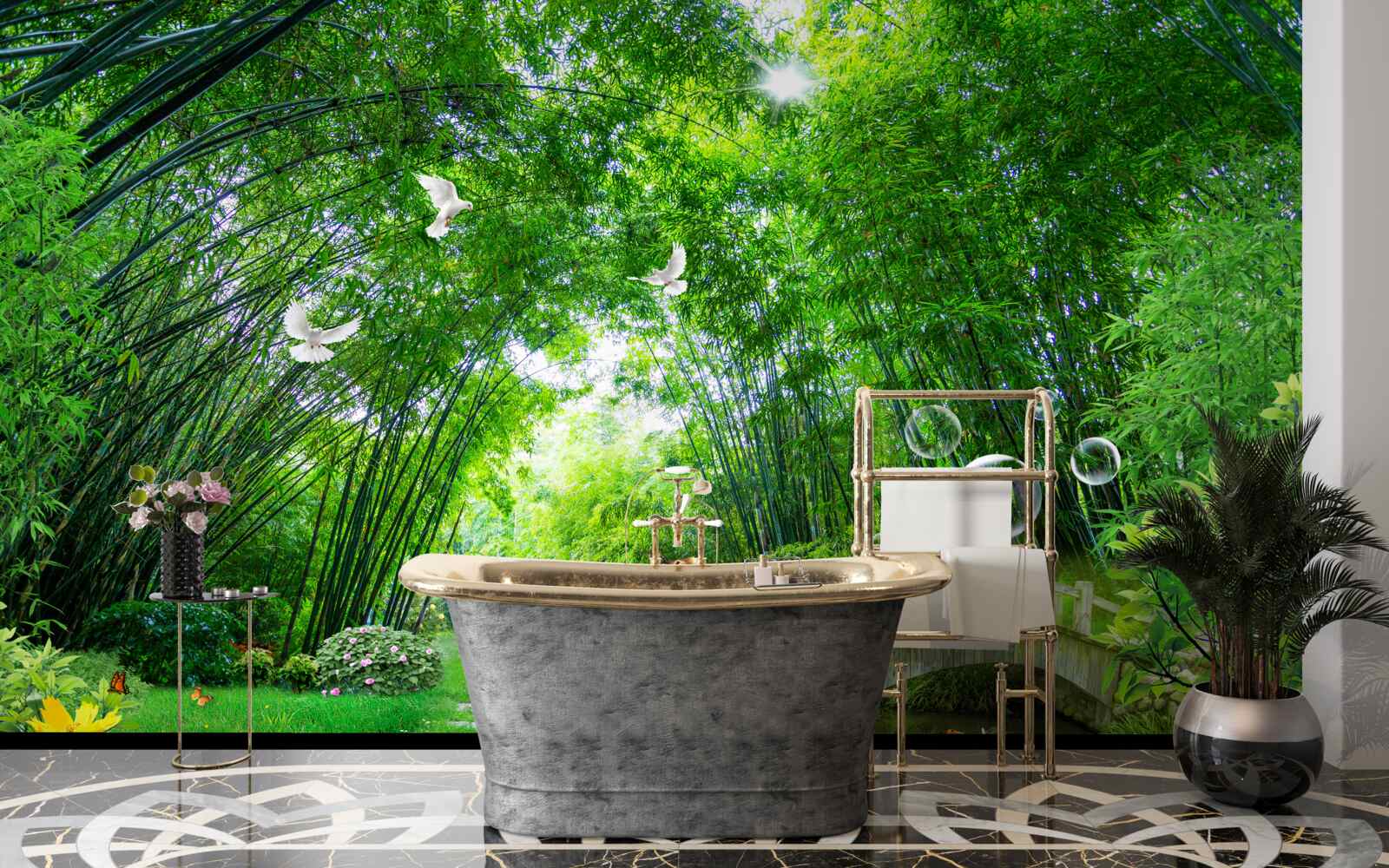 Fotobehang in een groen struikgewas loopt een hert door een houten doorgang