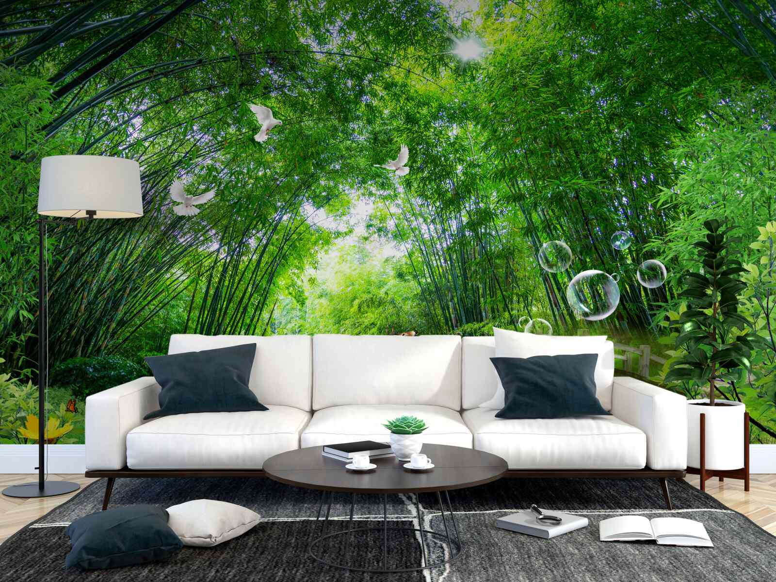 Fotobehang in een groen struikgewas loopt een hert door een houten doorgang